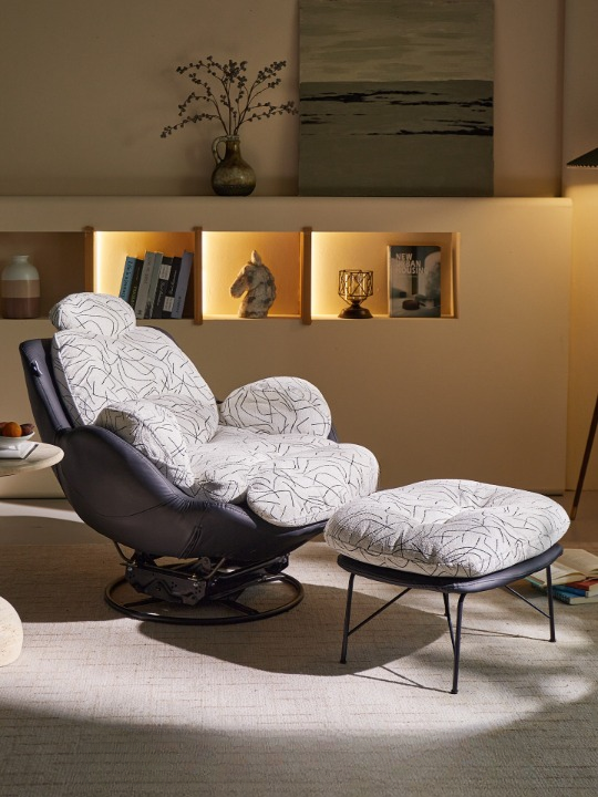 Modern Egg Shell Rocking Lounge Chair, Upholstered Single Sofa Chair with Black Leather Base, Lazy Reclining Accent Chair for Living Room, Balcony, Bedroom and Reading Nook