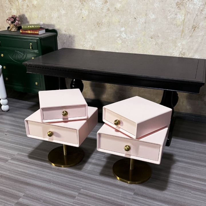 Pink Rotating Nightstand with 2 Drawers and Gold Pedestal