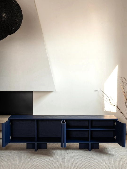 Blue Solid Wood TV Stand, 4 Door Media Console for Living Room