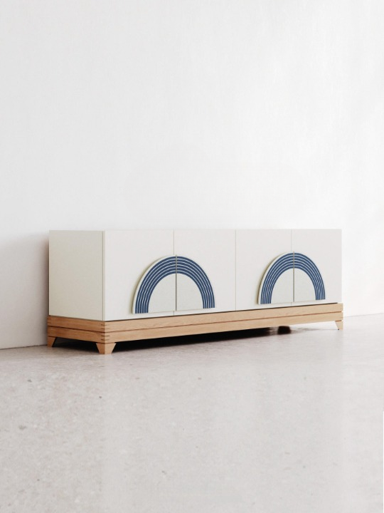 White Solid Wood Sideboard Cabinet, 4 Door Storage Cabinet with Blue Arch Pattern, Modern Cream Buffet Cabinet, Living Room Credenza, Dining Room Cabinet and Entryway Console