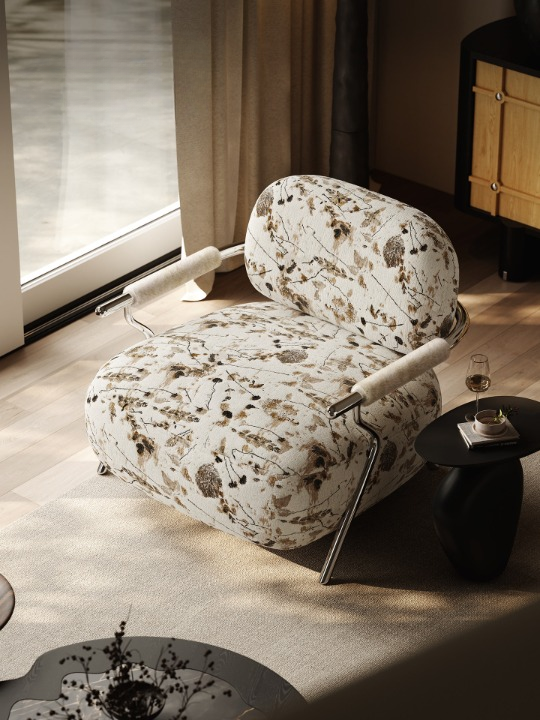 Floral Chenille Accent Chair with Metal Arms, Cream and Brown