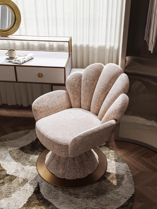 Beige Boucle Swivel Accent Chair, Shell Back Vanity Chair with Arms, Modern Upholstered Makeup Chair, Sculptural Lounge Chair for Bedroom, Living Room, Dressing Room, Dining Room, Antique Brass Tone Round Base