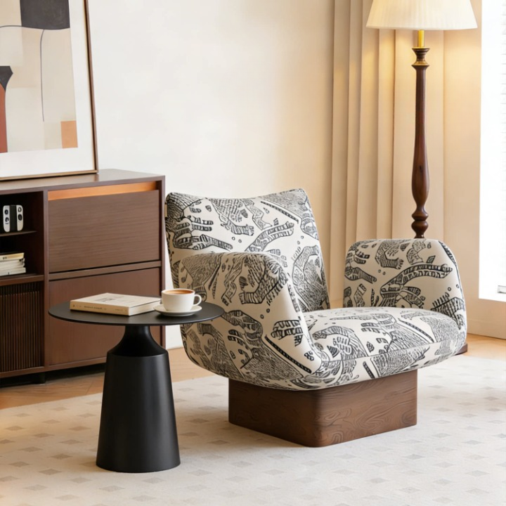 Vintage Wabi-Sabi Accent Lounge Chair, Tiger Pattern Jacquard Upholstered Single Sofa Chair, Solid Wood Designer Armchair for Living Room, Reception Area and Lounge