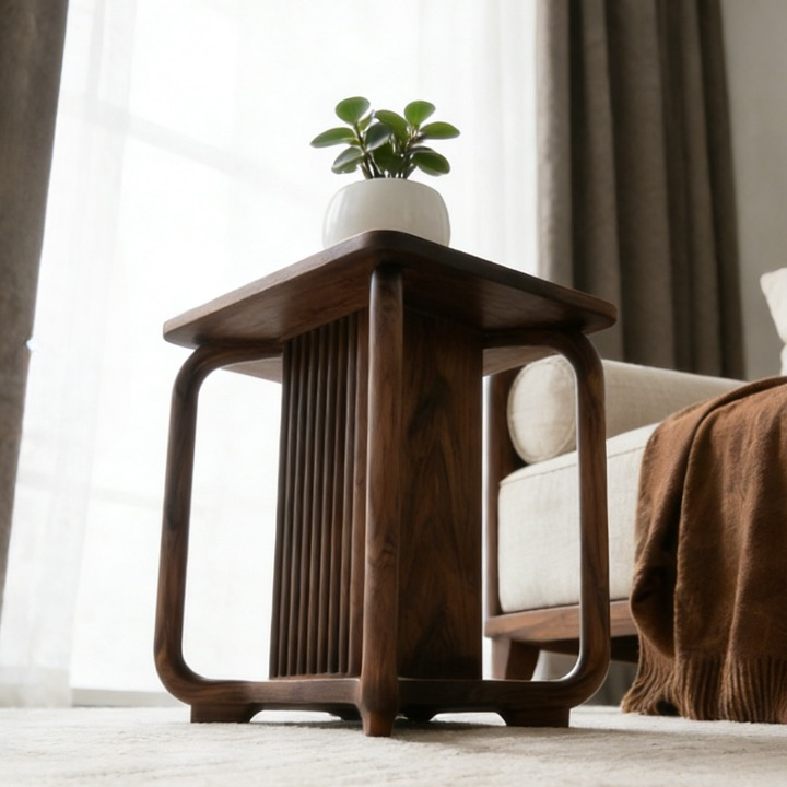 Ash Wood Square Side Table with Fluted Pedestal Base