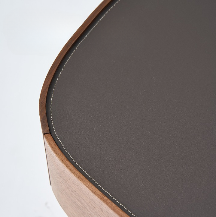 Modern Wood Nightstand with Marble Base, Italian Minimalist Bedside Table, Walnut Veneer and Leather Accent Side Table, Luxury Oval End Table for Bedroom, Living Room, Sofa Side