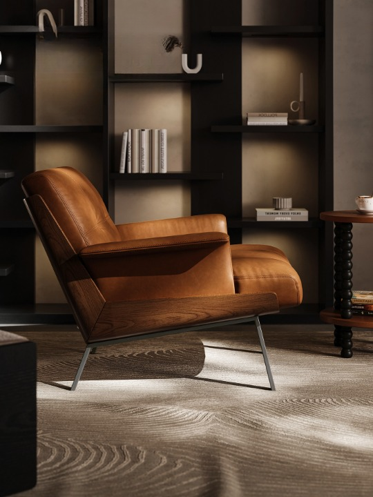 Brown Leather Lounge Chair, Armless Upholstered Accent Chair with Metal Legs, Mid Century Single Sofa Chair for Living Room, Bedroom, Villa and Reading Corner