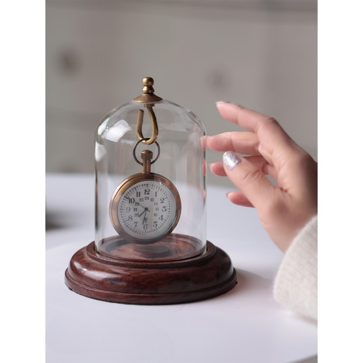 Vintage Pocket Watch Table Clock with Glass Dome and Wood Base