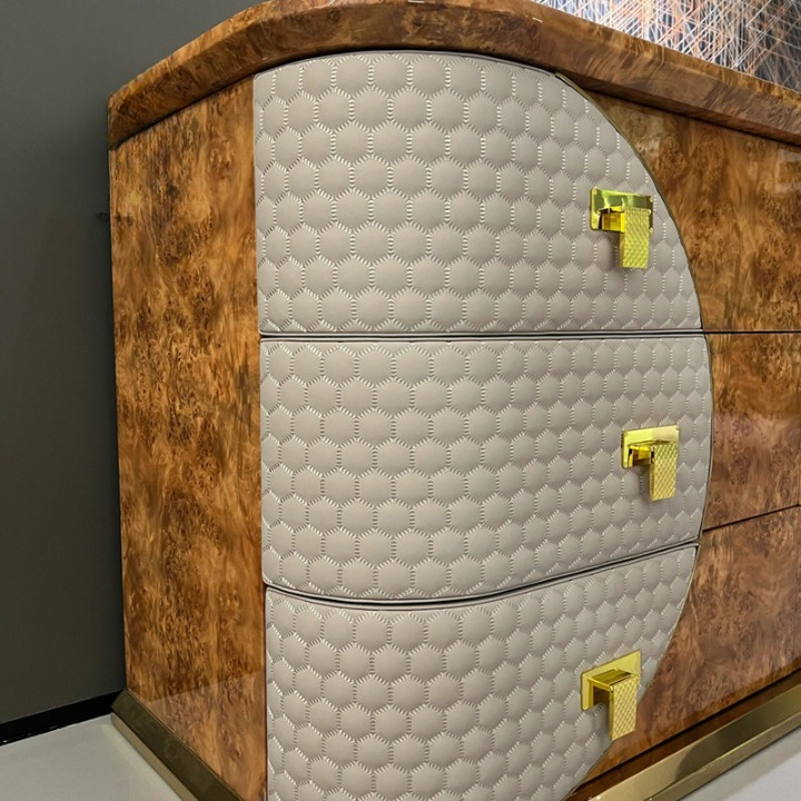 Modern 9-Drawer Dresser with Burl Wood Finish and Gold Accents