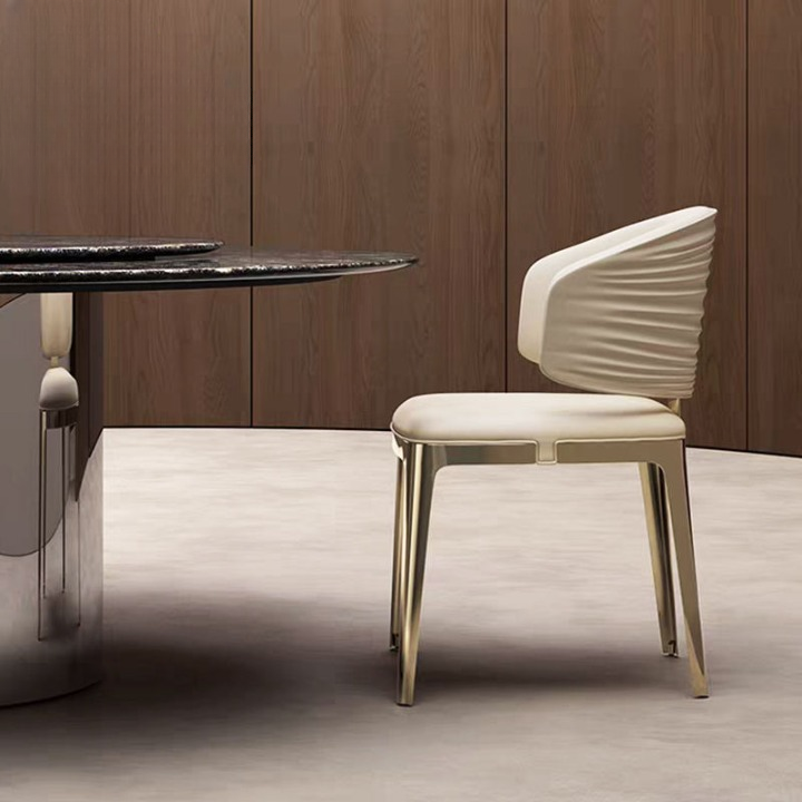 Cream Faux Leather Dining Chair with Pleated Back and Gold Metal Legs