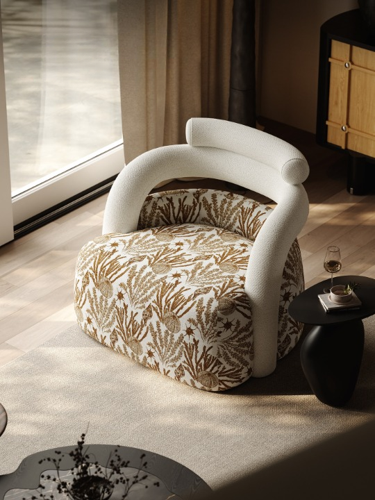 Embroidered Accent Chair, French Vintage Upholstered Lounge Chair with Curved Arms for Living Room, Bedroom, Balcony and Reading Nook