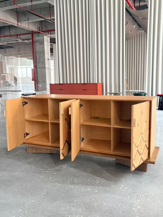 Wood Veneer Sideboard Cabinet, Geometric Diamond Pattern Buffet Cabinet, Modern Credenza Storage Cabinet for Dining Room, Living Room, Entryway, Hallway, Kitchen, and Console Decor