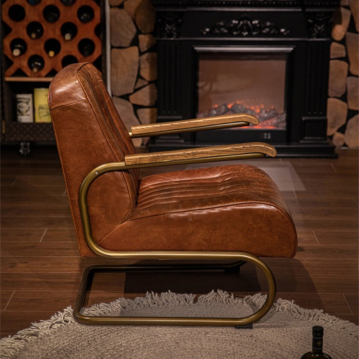 Brown Leather Accent Chair, Oil Waxed Top Grain Leather Lounge Chair with Cantilever Metal Frame and Wood Armrests, Mid Century Modern Armchair for Living Room, Bedroom, Office