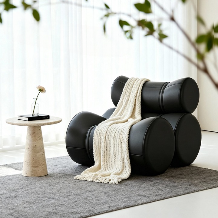 Black Genuine Leather Lounge Chair, Modern Cylinder Accent Chair with Solid Wood Frame for Living Room, Bedroom, Hotel and Reading Corner