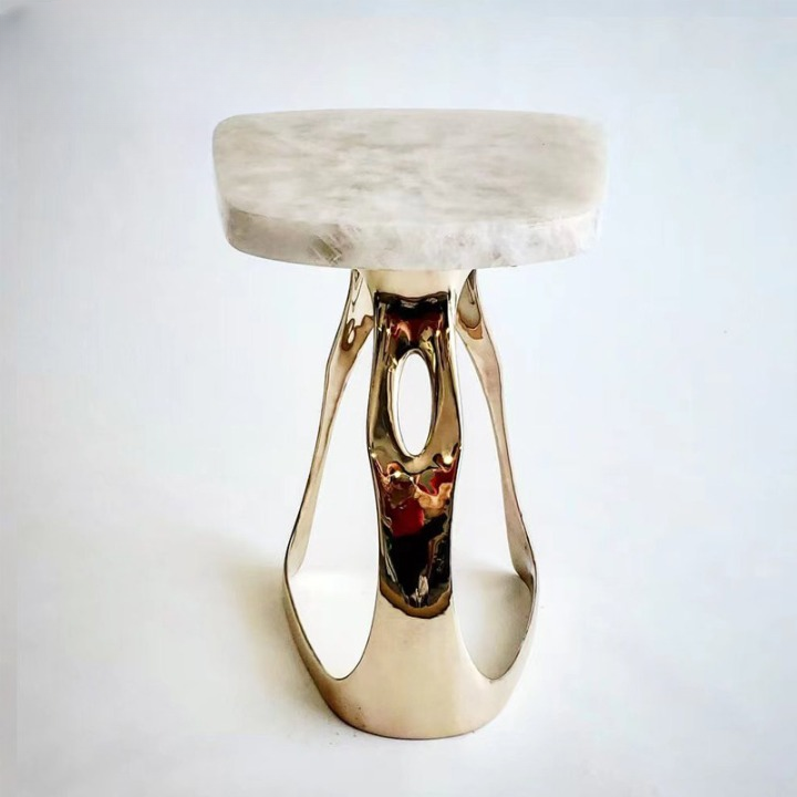 Modern Marble Side Table with Sculptural Gold Base, Irregular Accent End Table with White Stone Top for Living Room, Bedroom, Lounge or Entryway