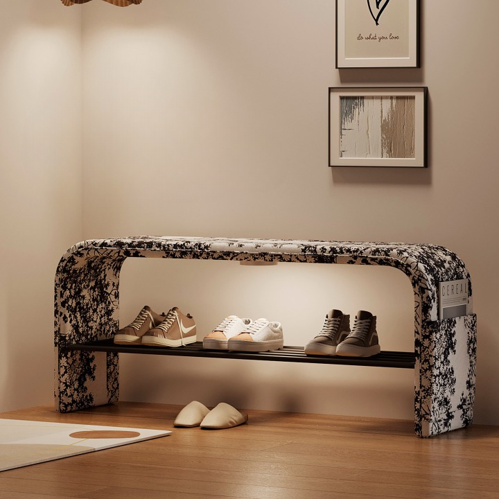 Narrow Entryway Shoe Bench with Printed Velvet Seat, 31.5-Inch Upholstered Hallway Bench with Metal Shoe Rack, Side Storage Pocket and Motion Sensor Light for Foyer, Bedroom or Closet