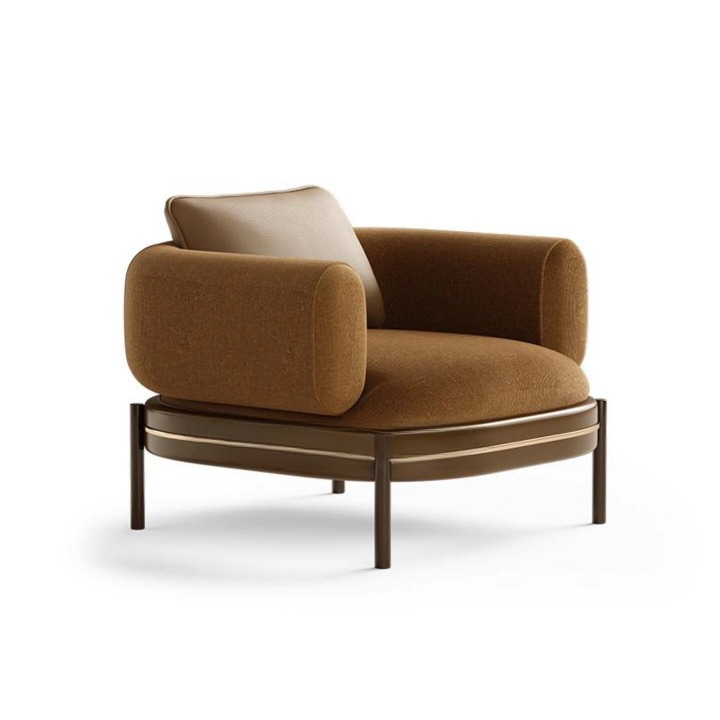 Italian Style Accent Chair, Brown Upholstered Lounge Armchair with Leather-Look Back Pillow and Fabric Seat, Modern Single Sofa Chair for Living Room, Hotel Lobby, Reception Area, Office and Bedroom