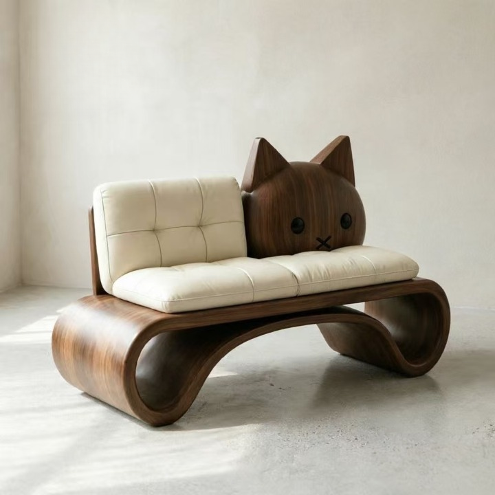 Black Walnut Cat Accent Loveseat with Cream Upholstery, Modern Sculptural Wood Sofa for Living Room, Bedroom, Reading Nook and Apartment