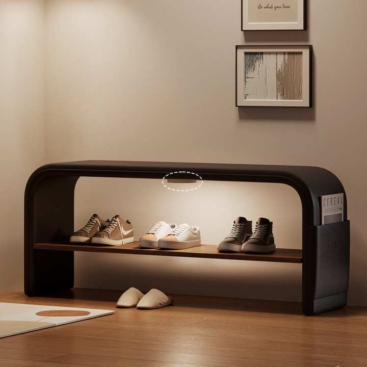 Narrow Entryway Shoe Bench with Padded Black Faux Leather Seat, 23.6-Inch Hallway Bench with Metal Shoe Rack, Side Storage Pocket and Motion Sensor Light for Foyer, Bedroom or Closet