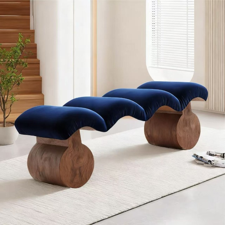 Navy Blue Upholstered Accent Bench with Sculptural Solid Wood Legs