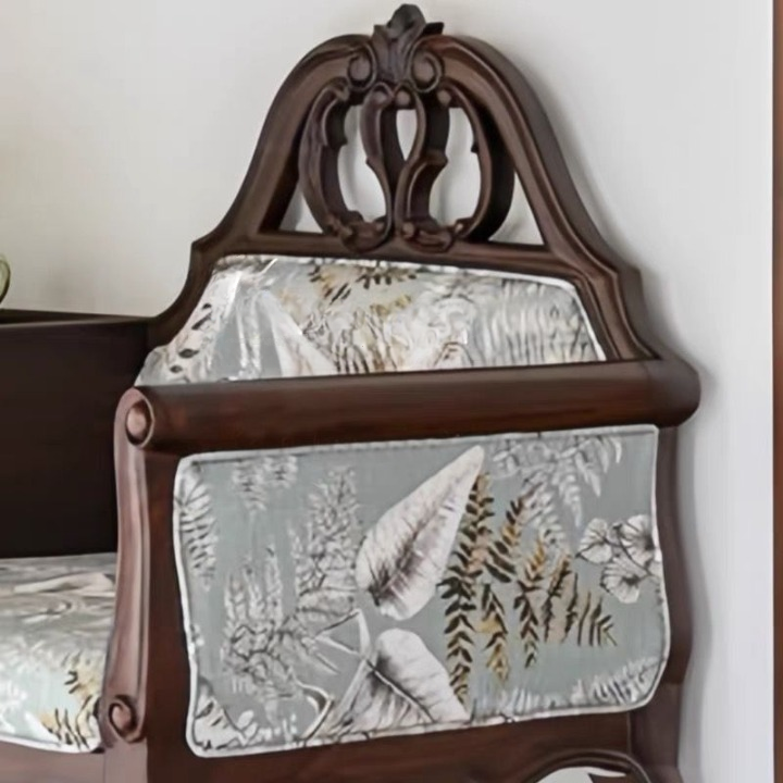 Brown Wood Gossip Bench with Drawers and Floral Upholstery