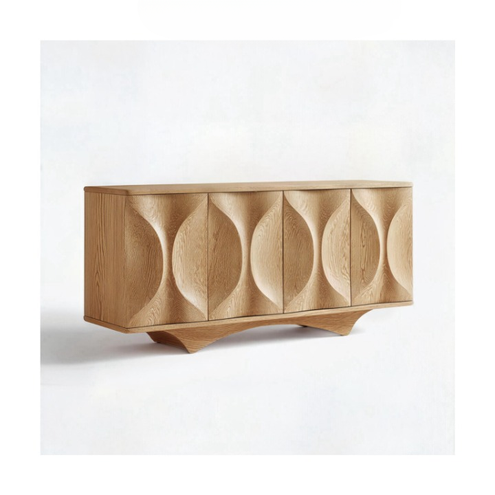 Solid Wood Sideboard Cabinet, Natural Wood Storage Cabinet with Concave Carved Door Fronts, Wabi Sabi Buffet Cabinet for Living Room Dining Room Entryway