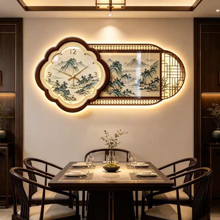 Modern Landscape Wall Clock 28 Inch, LED Lighted Asian Wall Art