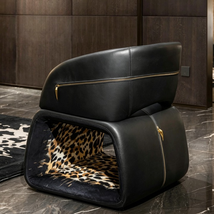 Black Genuine Leather Accent Chair with Leopard Print and Gold Zippers