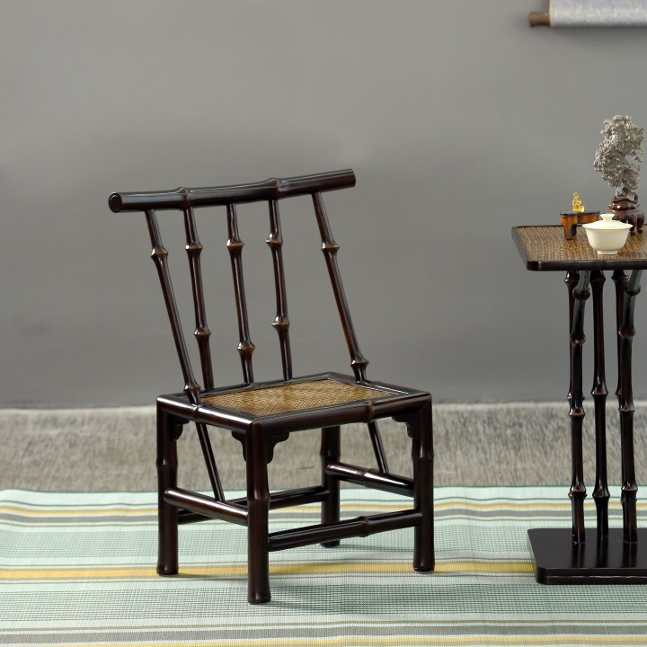 Black Bamboo Low Back Chair with Woven Seat, 27 Inch Tea Chair