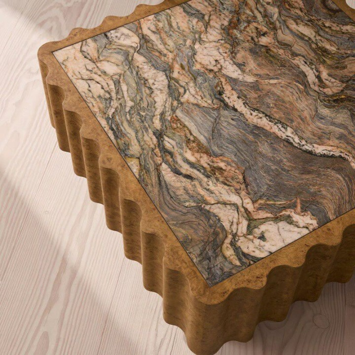Square Marble Top Coffee Table, Solid Wood Carved Fluted Center Table for Living Room, Hotel Lounge, Villa, Modern Rustic Cocktail Table
