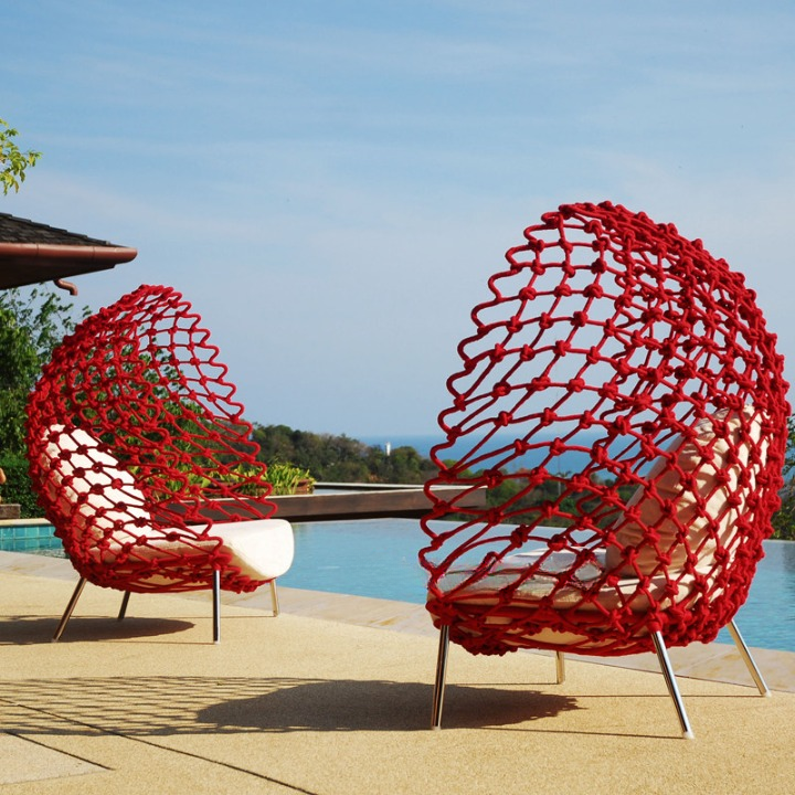 Red Outdoor Pod Lounge Chair, Woven Rope Accent Chair with Cushion, High Back Patio Nest Chair for Balcony, Garden, Villa, Hotel and Indoor Lounge Spaces