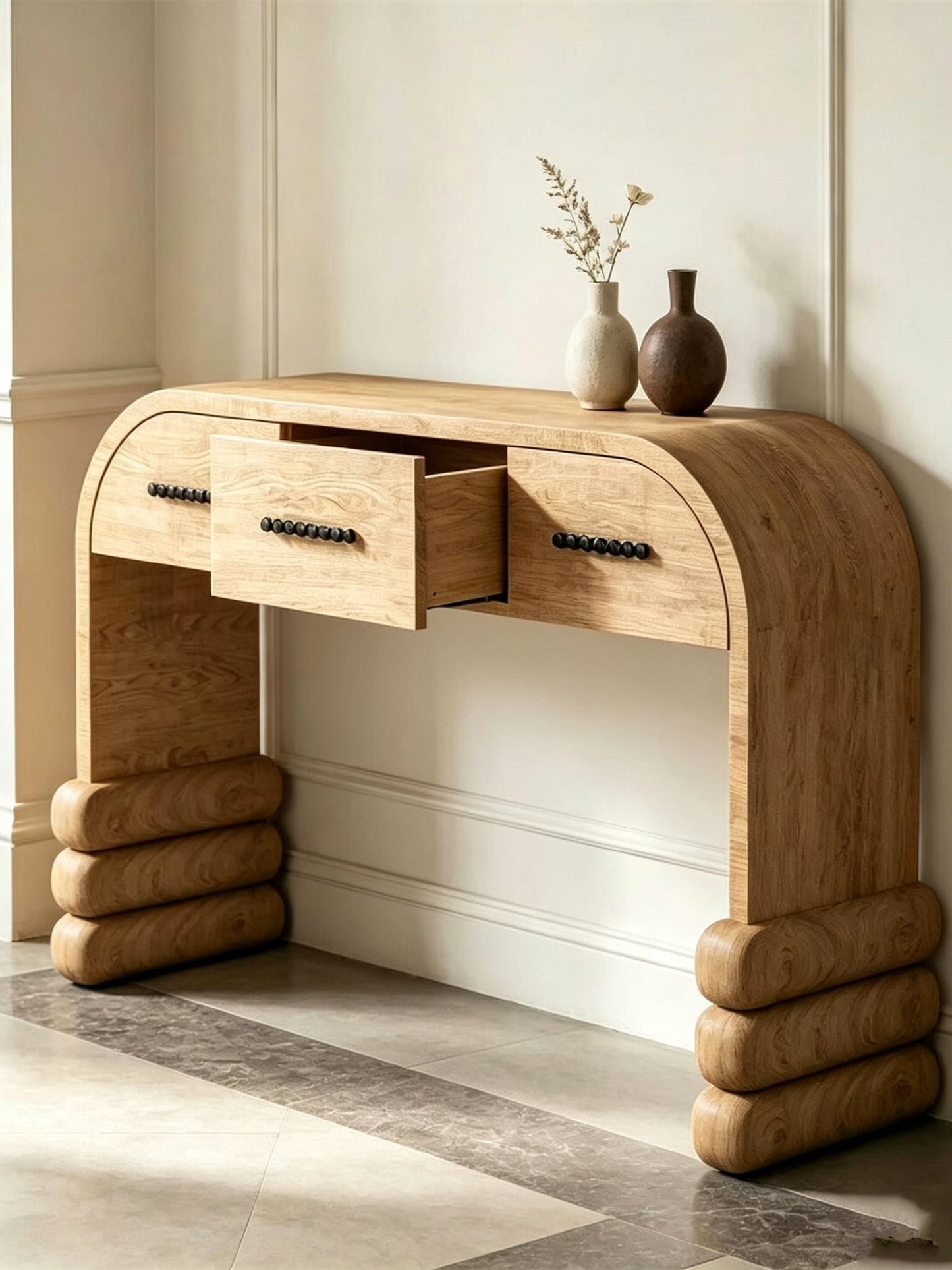 Solid Wood Console Table with 3 Drawers, Curved Entryway Table, Modern Natural Wood Hallway Table for Foyer, Living Room, Entryway, Corridor, Sofa Back, and Accent Storage