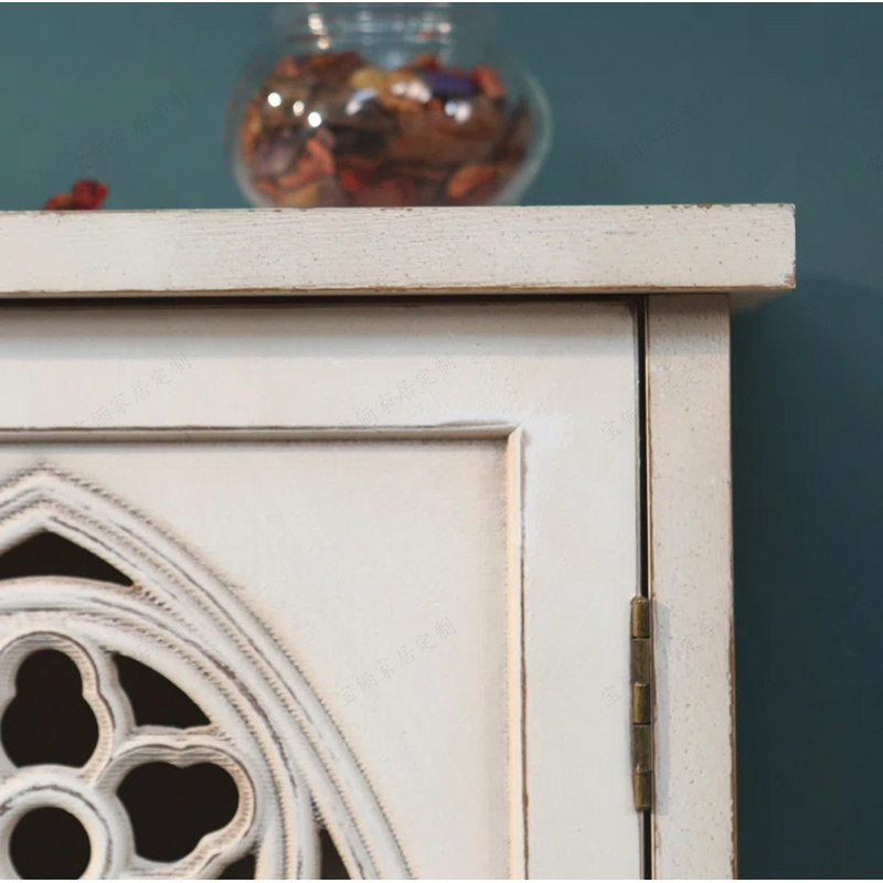Ivory Wood Storage Cabinet with Gothic Glass Doors, 2-Door Sideboard