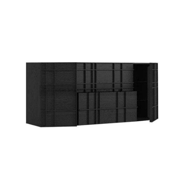 Black Oak Sideboard Buffet Cabinet, Modern Grid Front Storage Credenza with Geometric Panel Doors, Long Entryway Cabinet for Dining Room, Living Room and TV Console Use