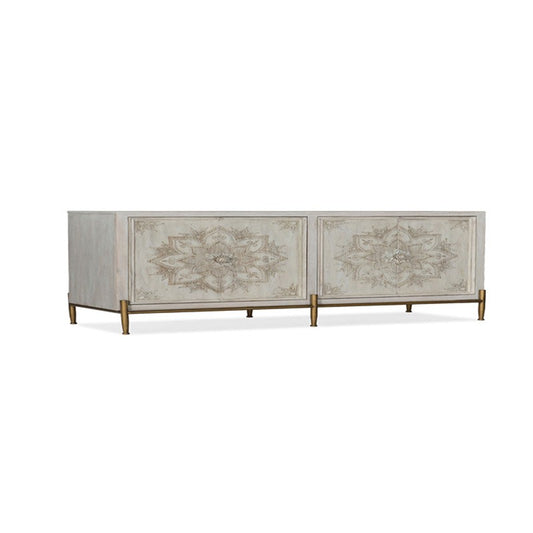 Whitewashed Storage Coffee Table with 4 Doors and Metal Base
