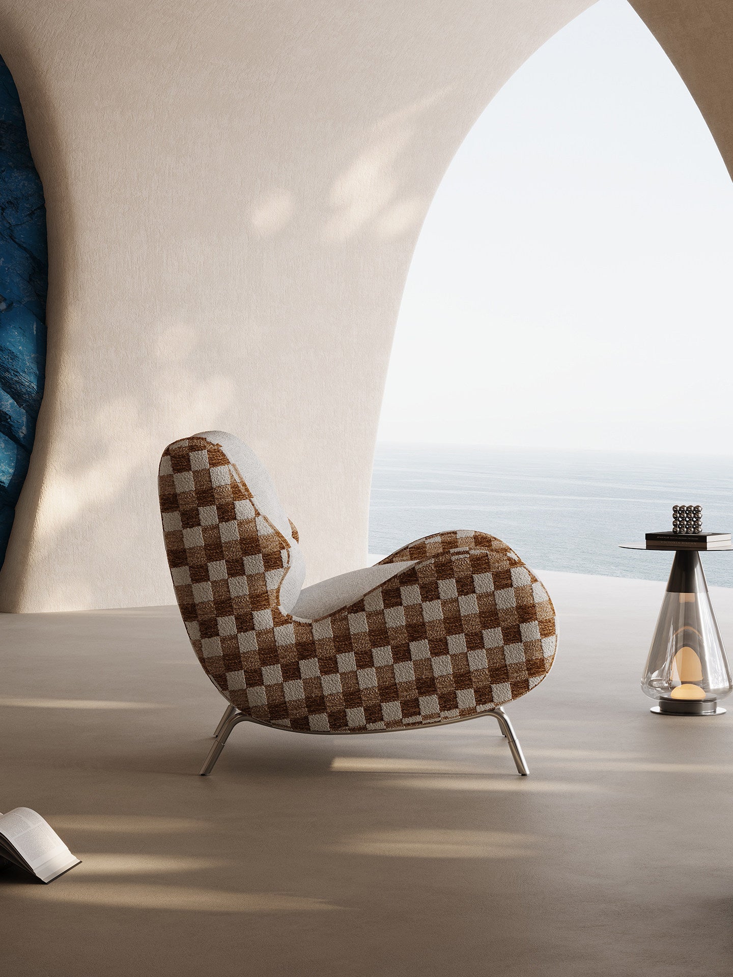 Modern Chenille Accent Chair with High Back, Upholstered Lounge Armchair, Oversized Reading Chair for Living Room, Bedroom &amp; Office, Contemporary Checkered Barrel Sofa Chair, Brown and Ivory
