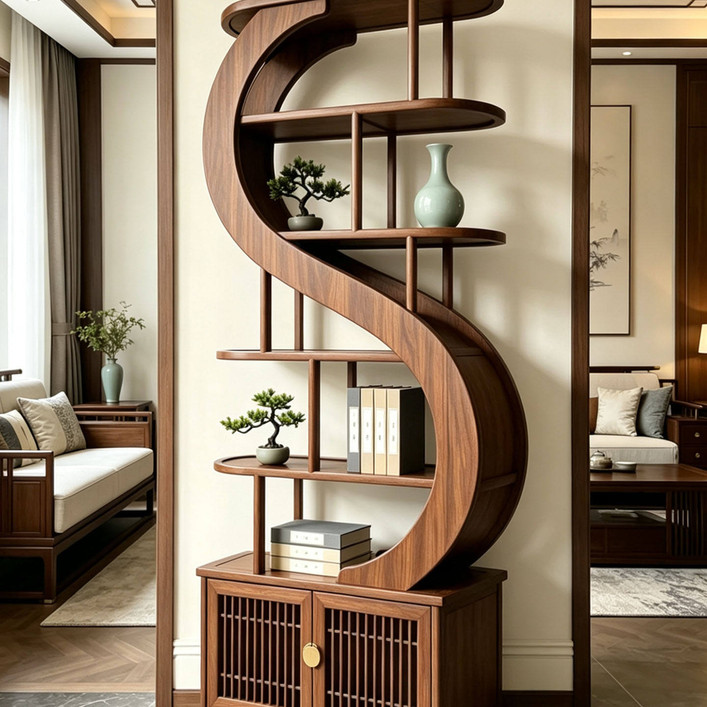 Solid Ash Wood Display Shelf with Storage Cabinet, Modern Curved Open Bookcase, Freestanding Room Divider Display Rack, Walnut Finish Decorative Shelving Unit for Living Room, Entryway, Office &amp; Home Library