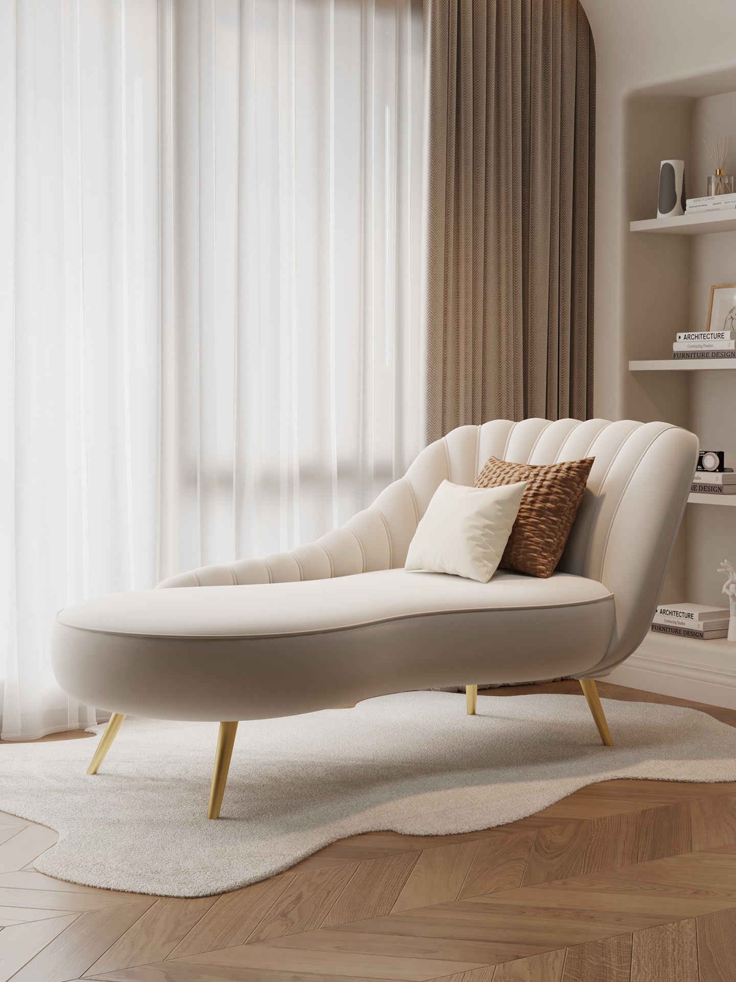 Cream Velvet Curved Chaise Lounge Sofa with Channel-Tufted Shell Back, High-Density Foam Cushion, Solid Wood Frame and Gold-Tone Legs for Living Room, Bedroom, Hotel and Reception Area
