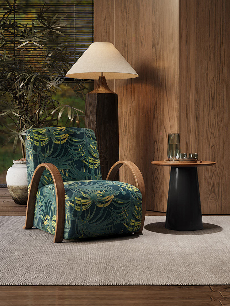 Tropical Leaf Accent Chair with Wood Grain Finish Metal Arms, Green Upholstered Lounge Chair for Living Room, Bedroom, Hotel Lobby, Reception Area, Reading Corner and Resort Style Home Decor