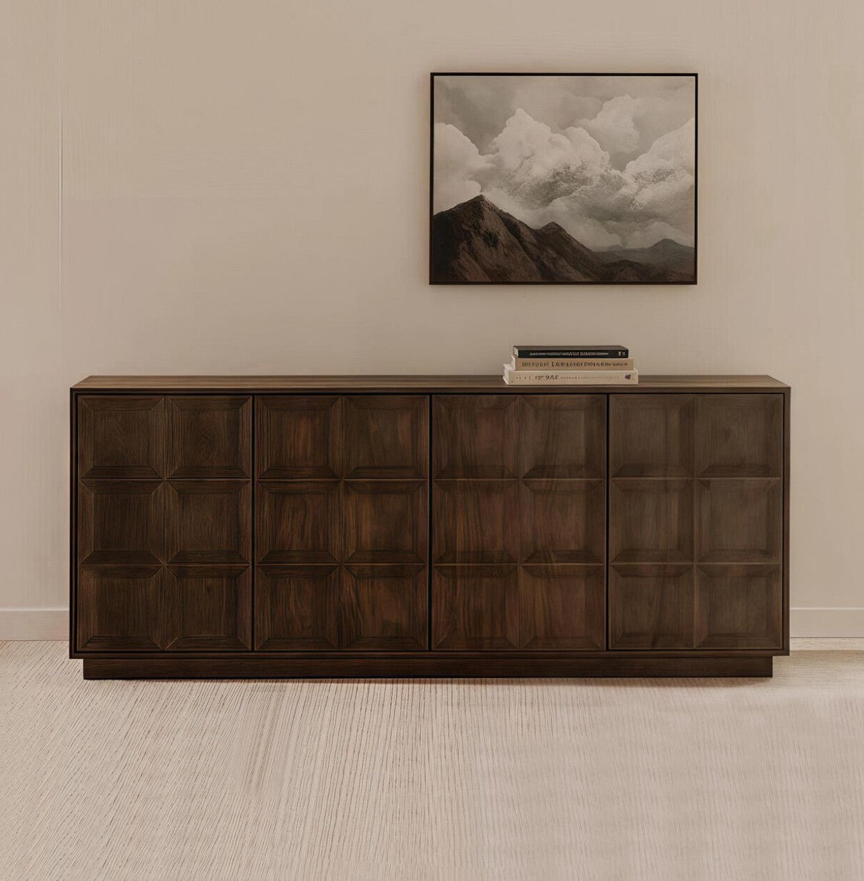 Modern Solid Wood Sideboard Cabinet, 4 Door Buffet Cabinet with Raised Geometric Panel Front, Wabi Sabi Credenza Storage Cabinet for Dining Room, Living Room or Entryway