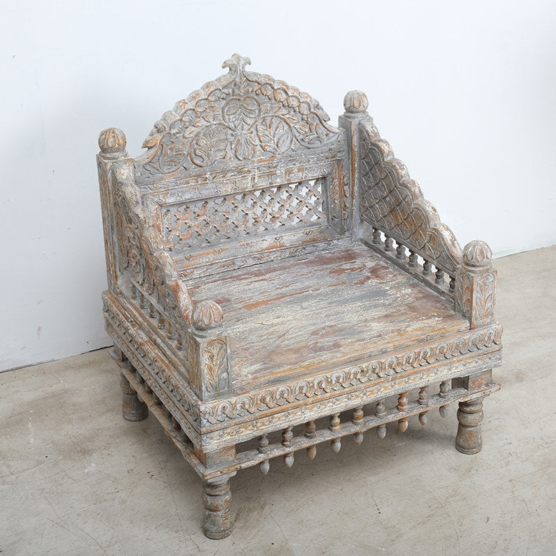 Hand Carved Wooden Armchair, Distressed Bohemian Accent Chair, Rustic Jali Back Lounge Chair for Living Room, Bedroom, Hotel, Entryway Decor