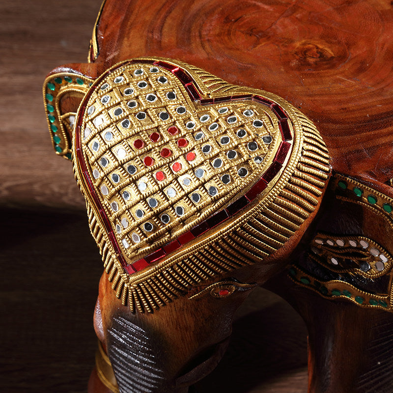 Antique Brown Solid Wood Elephant-Shaped Stool with Gold-Tone Mirror-Style Inlay, Thai-Inspired Carved Low Seat, Footrest and Side Table for Living Room, Entryway and Bedroom