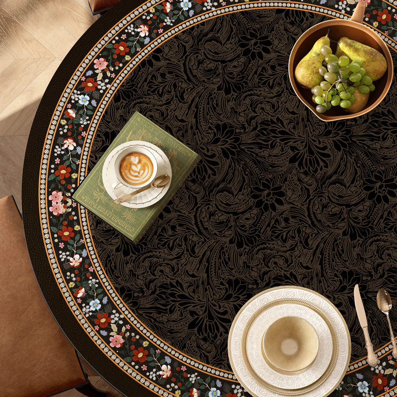 Round Black Floral Table Protector Mat, Waterproof Leather Look Cover