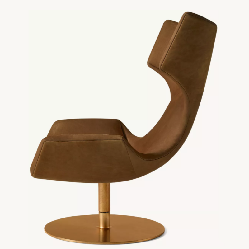 Brown Wingback Swivel Lounge Chair, Upholstered Accent Chair with Gold Metal Pedestal Base for Living Room, Bedroom, Hotel, Villa, Studio
