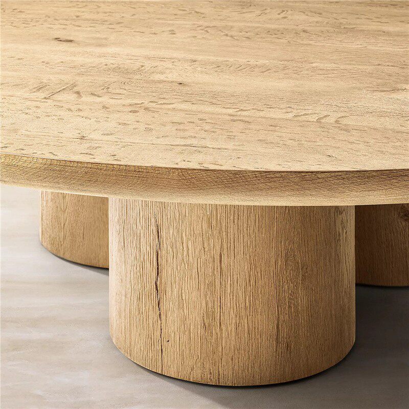 Round Solid Wood Coffee Table, Natural Wood Center Table with Cylindrical Pedestal Base for Living Room, Sofa Lounge, Villa, Hotel, Farmhouse Decor