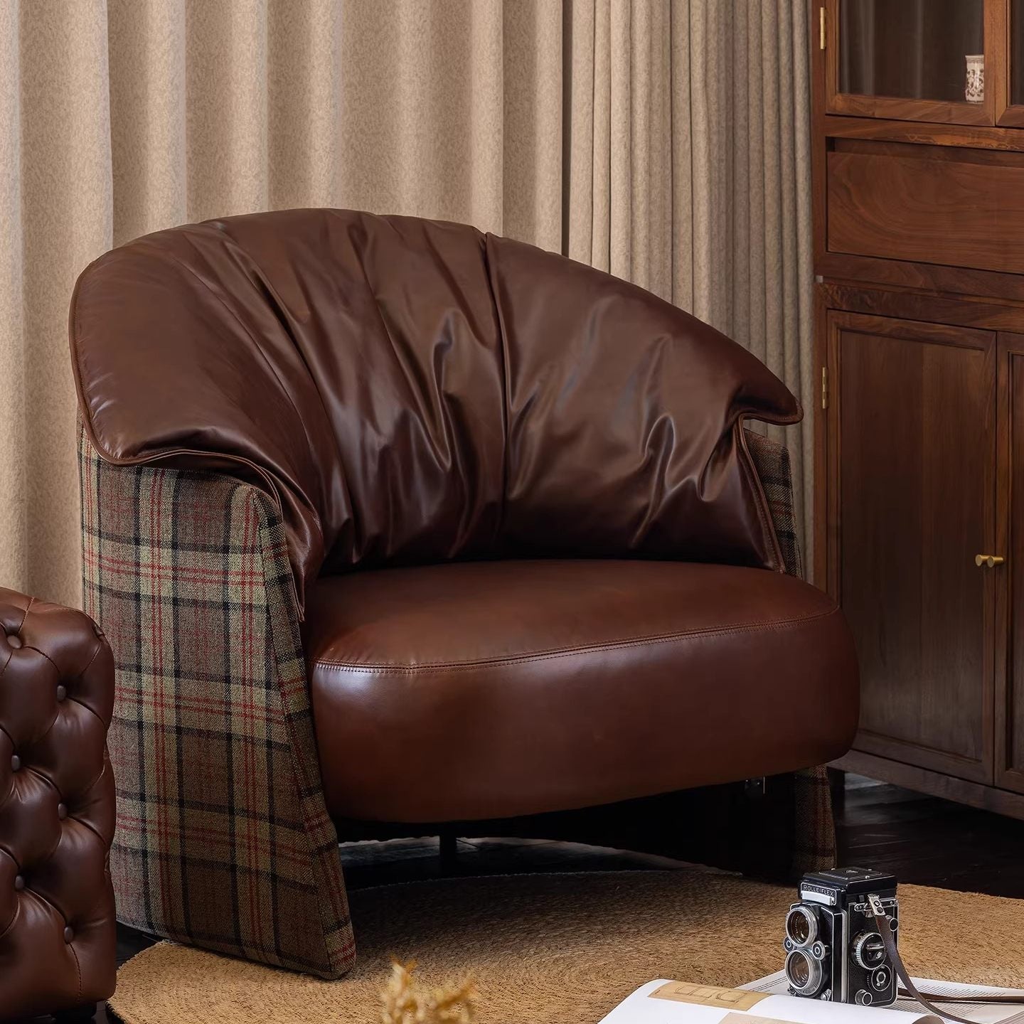 Vintage Brown Leather Accent Chair with Plaid Upholstered Sides