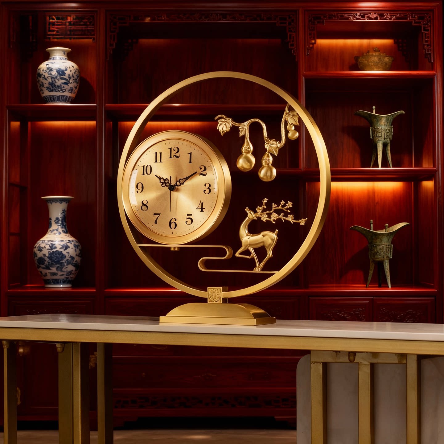 Modern Brass Table Clock with Deer &amp; Gourd Sculpture, Silent Analog Desk Clock, Decorative Metal Mantel Clock for Living Room, Office, Bookshelf, Console Table &amp; Home Décor, Gold Finish