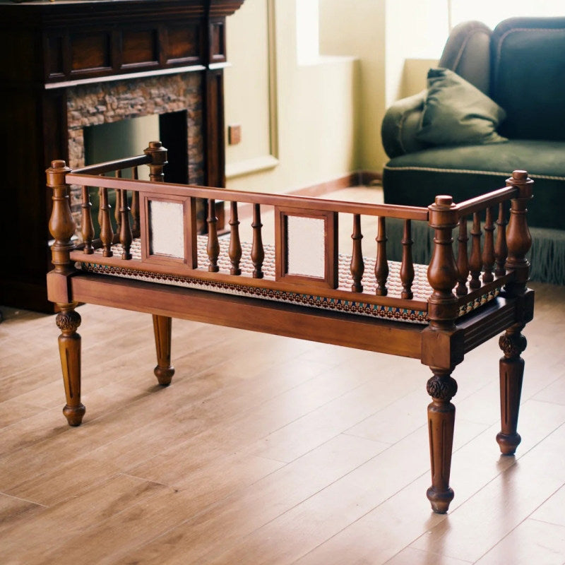 Walnut Brown Solid Wood Spindle-Back Bench, Olive Green Velvet Cushioned 2-Person Settee with Turned Legs and Rail Arms for Bedroom, Entryway, Living Room and Reading Nook