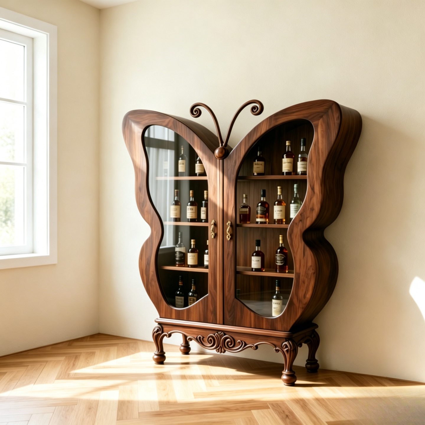 Butterfly Liquor Cabinet with Glass Doors, Ash Wood Bar Display Storage