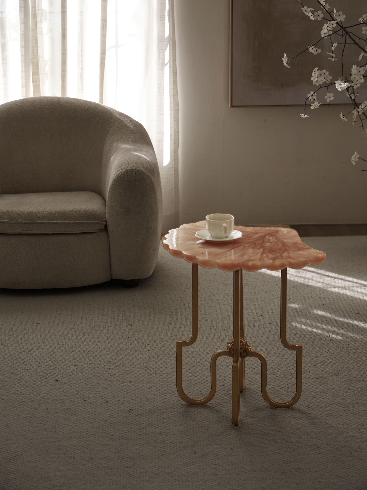 Pink Resin Shell Side Table with Gold Metal Base, Sculptural End Table