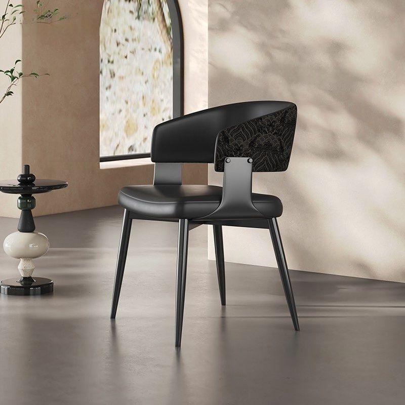 Black Upholstered Dining Chair with Arms, Modern Curved Back Accent Chair with Patterned Back Panel, Padded Kitchen Chair for Dining Room, Hotel, Restaurant, Cafe, Makeup Vanity, and Study
